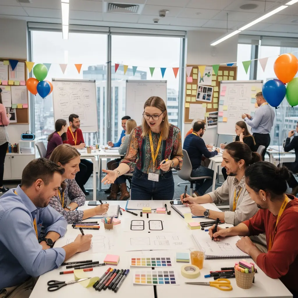 Mūsdienīgs biroja interjers ar zīmola krāsām un materiāliem, kas saskan ar uzņēmuma identitāti.